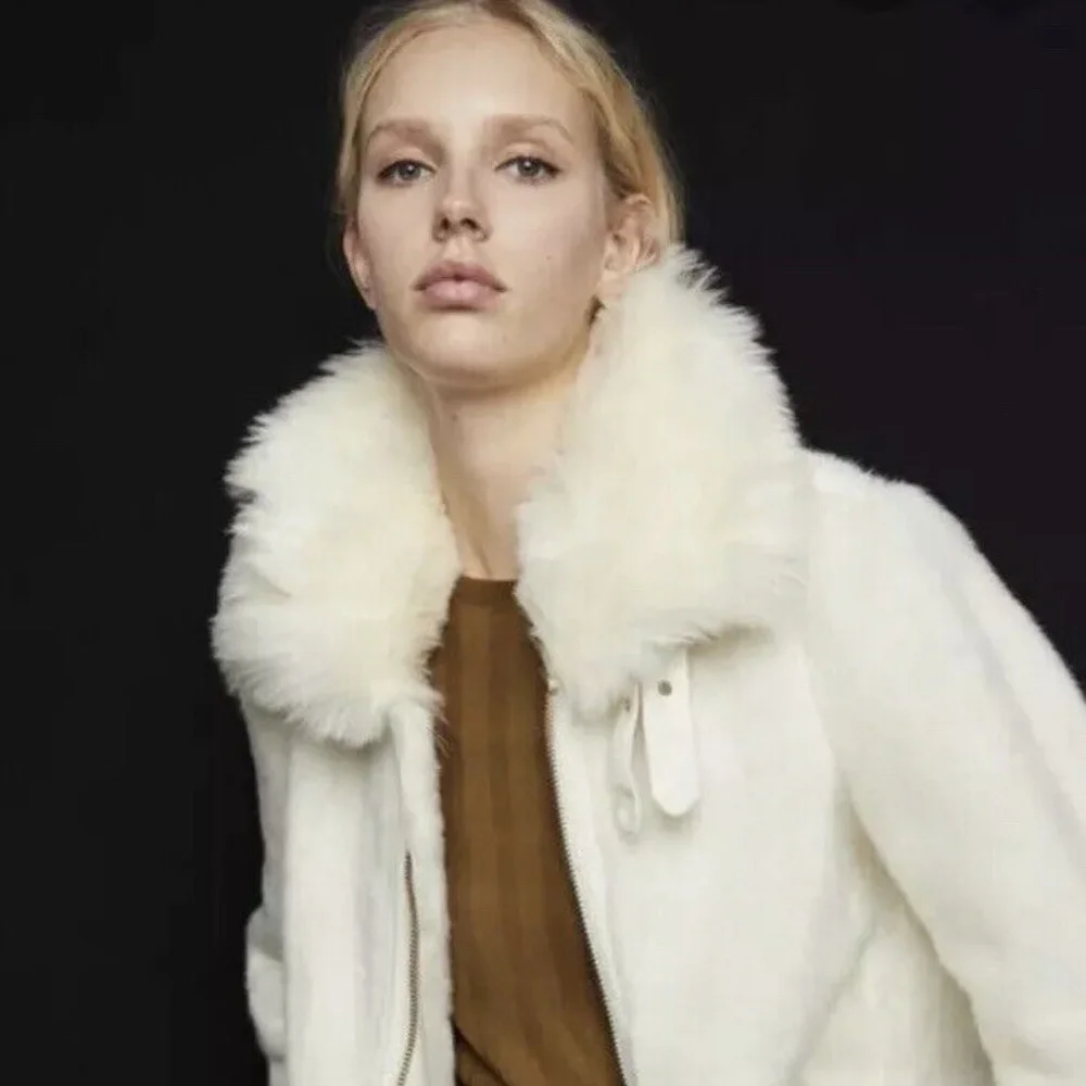 Zara Off White Faux Fur Aviator Biker Jacket XS - Picture 1 of 4